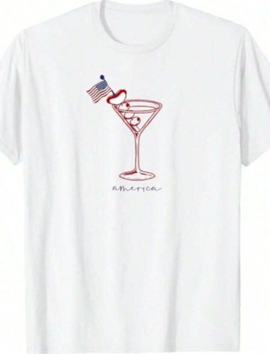 1 Funny Hot Dog And Martini T-Shirt For The 4th Of July, 180g, 100% Cotton - Putih - View 1