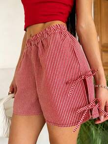Y2K Red Plaid Bow Casual Summer Beach Vacation Going Out Cute Sweet Shorts,4th Of July Outfit Women - Multicolor - View 3