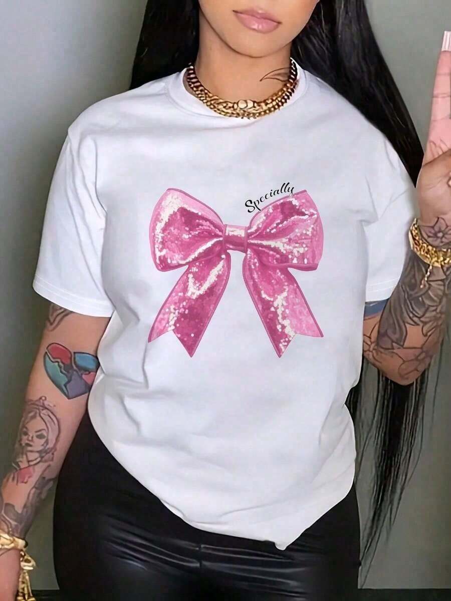 Women's Short Sleeve T-Shirt | Shipped From Mexico | High-Quality Breathable Fabric | Loose-Fitting Women's Short Sleeve T-Shirt In Black And White With A Pink Bow Print On A Black Background. | Machine Washable | Casual Crew Neck Athletic T-Shirt | Comfortable And Fashionable | Leisure - 白色 - 查看 1