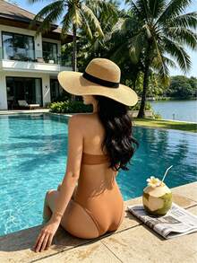 1 chiếc mũ rơm vành rộng dành cho nữ, có dây ruy băng đen, mũ che nắng đi biển. - Nhiều màu - Xem 5