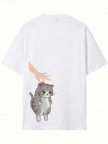Camiseta Personalizada para Mujer, Casual, con Estampado de Gato, Corte Holgado, Cuello Redondo, Manga Corta, Primavera/Verano, Negra, Estilo Vintage Urbano, Camiseta Holgada de Algodón con Cuello Redondo y Manga Corta - Blanco - Ver 5