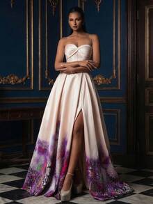 Elegant Strapless Maxi Dress For Women, With Zipper Detail And Flared Hem Design, Suitable For Formal Evening Occasions Wedding Party - Champagne - View 4