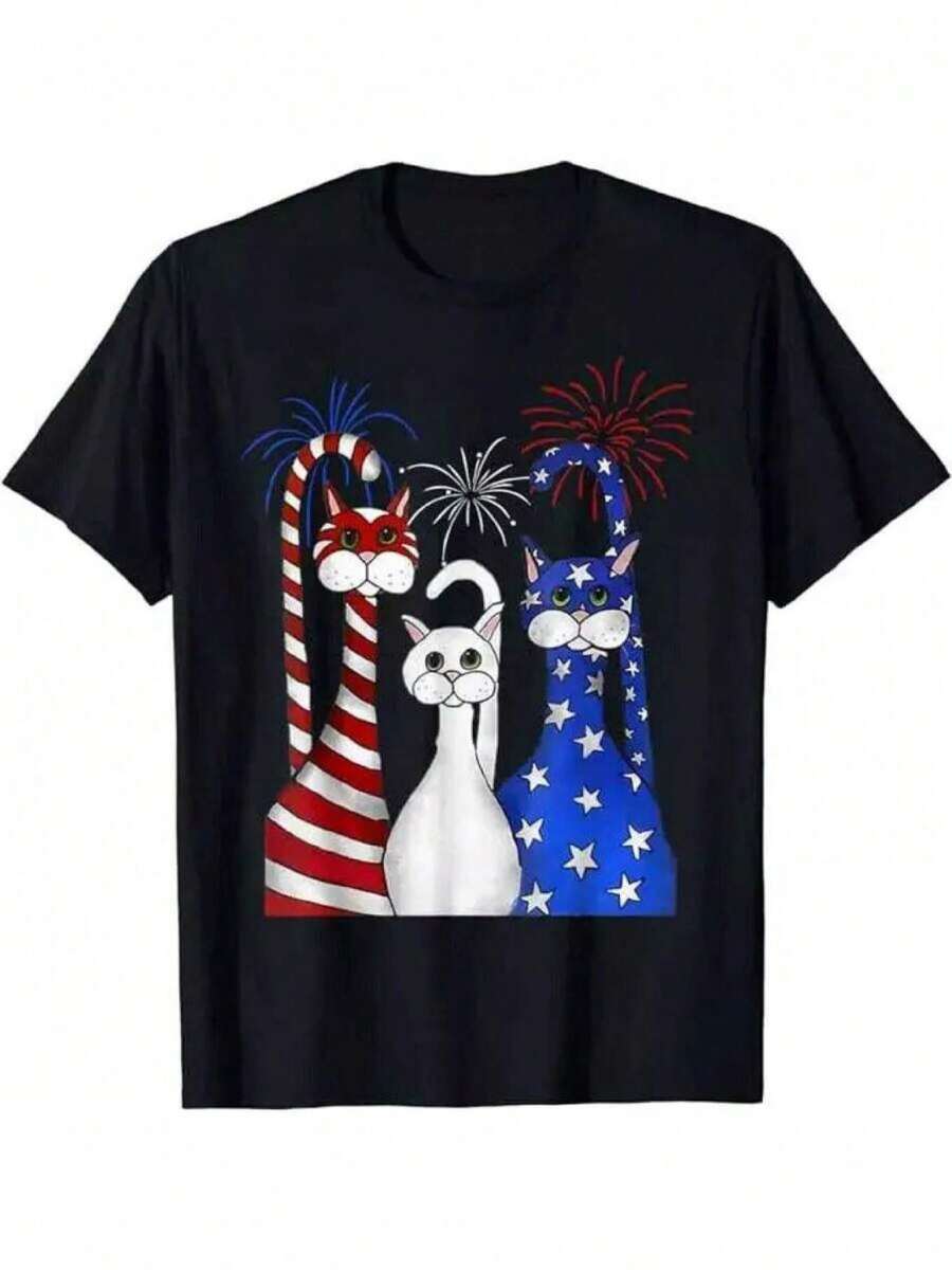 Camiseta Patriótica para Mujer con Temática del 4 de Julio - Diseño de gato en rojo, blanco y azul, con la bandera estadounidense y fuegos artificiales, 100% algodón, estilo casual de manga corta, disponible en tallas S a 5XL, lavable a máquina, ropa para celebraciones festivas, camiseta con temática de gatos, cómoda de llevar -- Camiseta de algodón ligera, transpirable y de corte holgado. - Negro - Ver 1