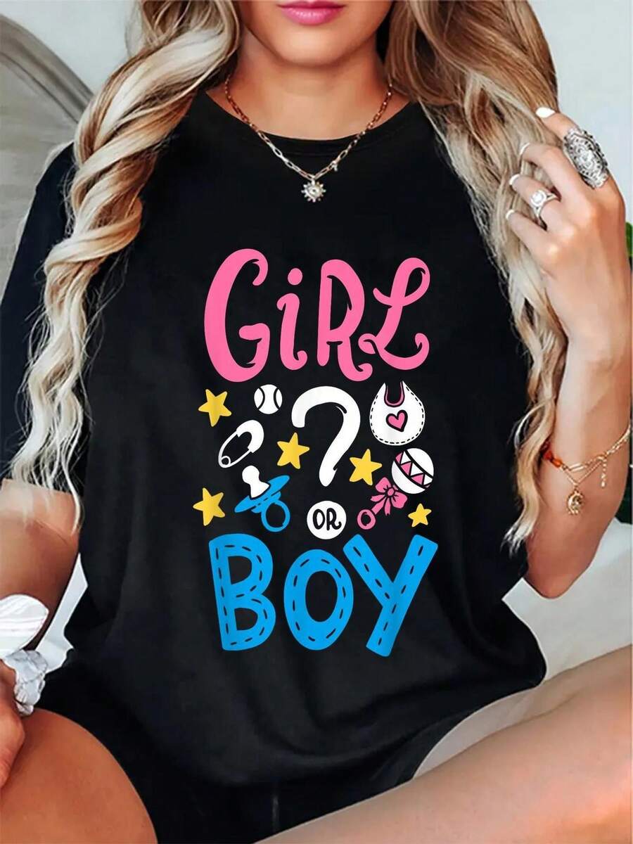 1 camiseta unisex, diseño divertido de revelación de género con cuello redondo, estilo vacacional para todas las estaciones con patrón de letras - 1 unidad - Negro - Ver 1