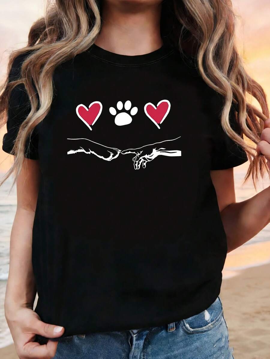Camiseta de Talla Grande, Exclusiva para Amantes de Mascotas, con Diseño Adorable de Huella de Pata. Estampada con Patrones de Corazón y Huella, Esta Camiseta Negra de Manga Corta y Cuello Redondo es Lavable a Máquina. Ofrece un Estilo Casual, Ajuste Cómodo, Diseño Moderno, Versátil para Uso Diario - Negro - Ver 1