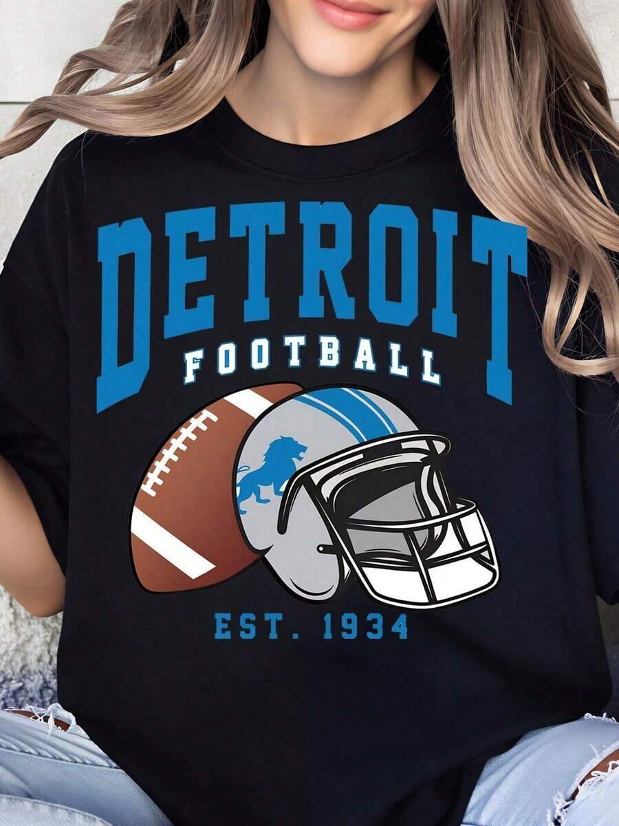 Camiseta Detroit Football Est 1934 con diseño de casco y balón de fútbol para fanáticos y amantes del deporte - Negro - Ver 1