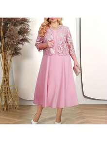 Two-Piece Cocktail Dress With Matching Embroidered Lace, New Spring-Summer Collection For Plus-Size Women - Red - View 3