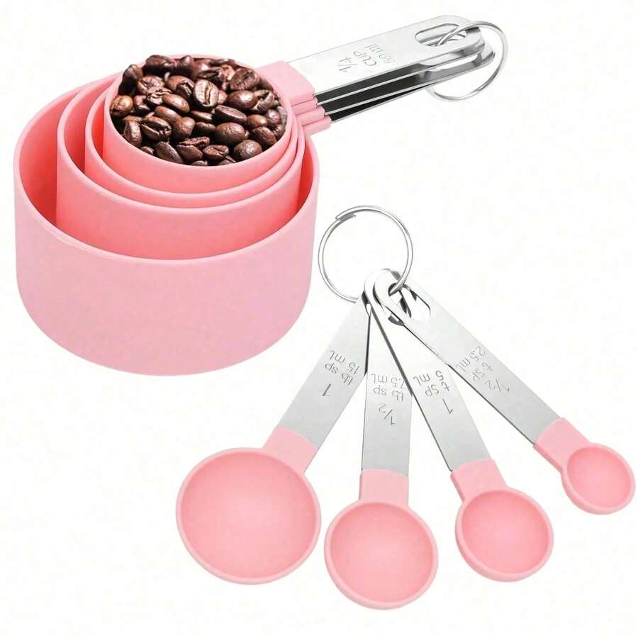 4pcs Stackable Measuring Cups & Spoons Set, Nested Stainless Steel Handle Measuring Cups, Cooking & Baking Kitchen Tools - Pink - View 1