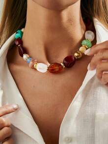 1pc Vintage Bohemian Asymmetrical Resin Beaded Necklace Personalized Fashion Adjustable Charm Necklace Exquisite Versatile Light Luxury Classy Minimalist Atmospheric Light Retro For Women Daily Wear Vacation Decoration Outfit Matching - 彩色 - 查看 3