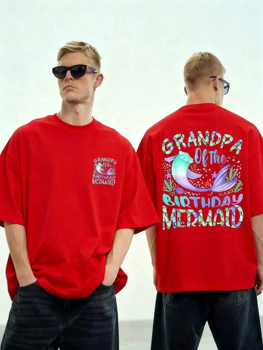 GiftCola de sirena rodeada de estrellas de mar y conchas que simboliza la conexión mágica con el océano y la celebración de momentos especiales camiseta de hombre 100% algodón impresión doble caraSoft - Rojo - Ver 1