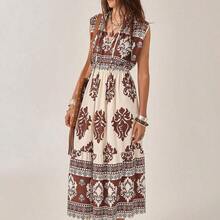 New Bohemian Vacation Dress | Sleeveless, Strategically Placed Floral Print Maxi Dress | Beach & Resort Wear | Summer Floral Dress | Mother's Day Dress | Women's Dress For All Seasons (Spring, Summer, Autumn, Winter) | Festive Occasion Wear | Casual Resort Dress | Seaside & Beach Outfit | Brown Dress | Country-Style Dress | Long Sleeveless Summer Bohemian Vacation Dress - Multicolor - Ver 7