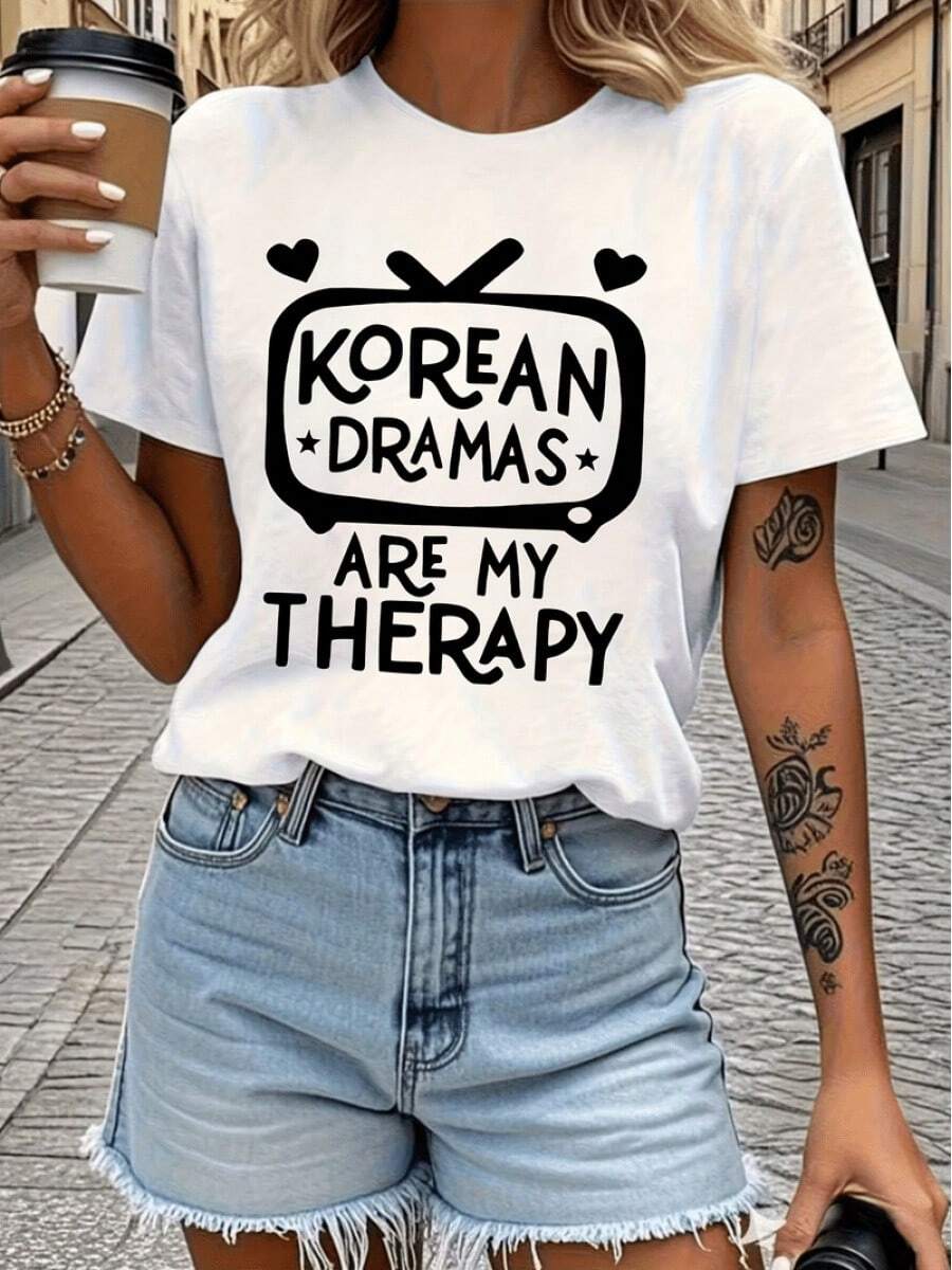 Women's Casual White T-Shirt With A Korean Drama-Inspired Design - Crew Neck, Stretchy, Machine Washable, Suitable For All Seasons. A Comfortable, Therapy-Themed Leisure Garment, Ideal For Darker Skin Tones, Made From Opaque Fabric. - 白色 - 查看 1