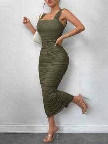 Vestido de graduación; Vestido ajustado de malla con superposición fruncida y abertura en el muslo, vestidos en tonos pastel para mujeres - Verde militar - Ver 3
