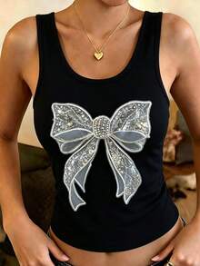 Lässig-elegantes Camisole-Top im Boho-Stil für Damen, mit Schleife und Paillettenbesatz, ideal für Strand, Alltag und Partys. - Schwarz - Übersicht 2