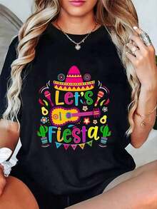 blusas para mujer playeras de mujer blusas casuales para dama  Playera Negra de Algodón para Mujer "Let's Fiesta con Sombrero Mexicano, Guitarra y Colores Vibrantes de Celebración" TAWQ - Negro - Ver 1