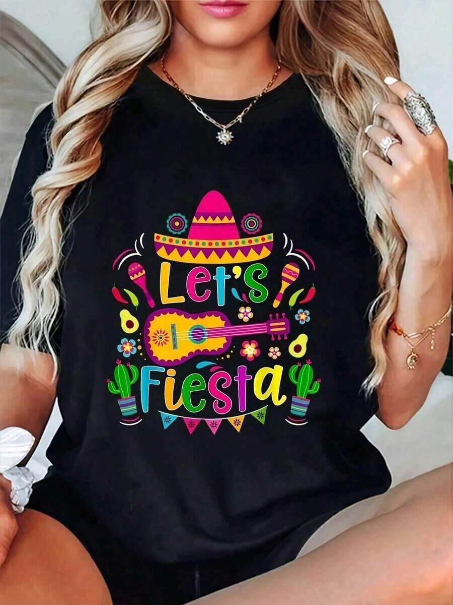 blusas para mujer playeras de mujer blusas casuales para dama Playera Negra de Algodón para Mujer "Let's Fiesta con Sombrero Mexicano, Guitarra y Colores Vibrantes de Celebración" TAWQ - Negro - Ver 1