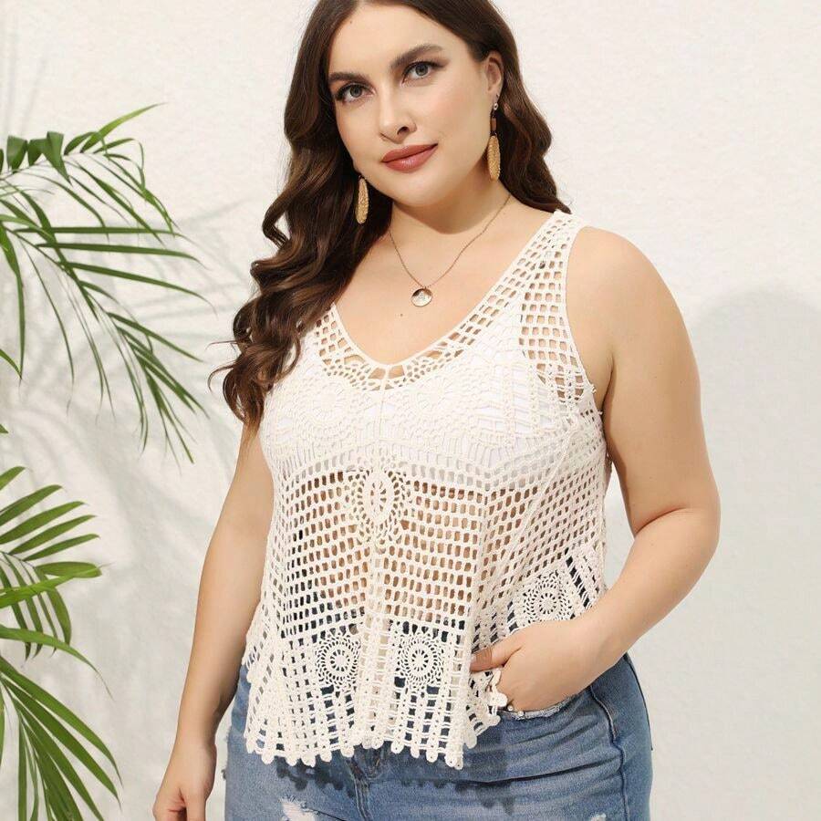 Plus-Size Women's V-Neck Hollow-Out Beach Cover-Up Top - Off White - View 1