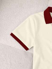 Blusa casual de mujer con cuello polo a rayas y manga corta - Albaricoque - Ver 5