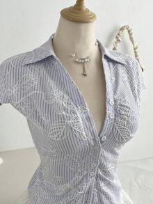 Camisa casual de manga corta con capucha, cintura ajustada con lazo delantero - Azul - Ver 3
