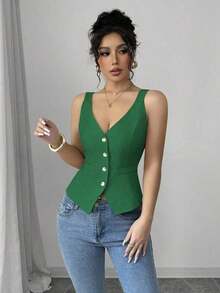 Camiseta sin mangas de un solo pecho de unicolor casual para mujer - Verde 2 - Ver 4