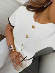 Top de Punto Beige con Botones en la Manga para Mujer, Elegante Suéter Casual de Manga Corta, Ideal para Citas y Uso Diario - Blanco y Negro - Ver 2