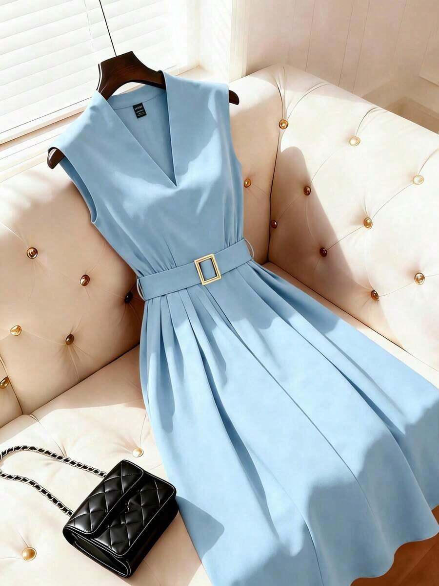 Vestido de línea A con cuello en V sin mangas, estampado de lunares y lazo en la cintura, adecuado para el Día de San Valentín y citas - Azul - Ver 1