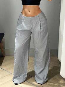 ICON Pantalones de pierna ancha de cintura baja, ajuste holgado, largo hasta el piso, gris con rayas verticales para mujer estilo Y2K - Gris - Ver 7