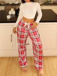 Pantalones de pijama holgados con lazo y estampado de cuadros para mujer, otoño e invierno - Multicolor 3 - Ver 1