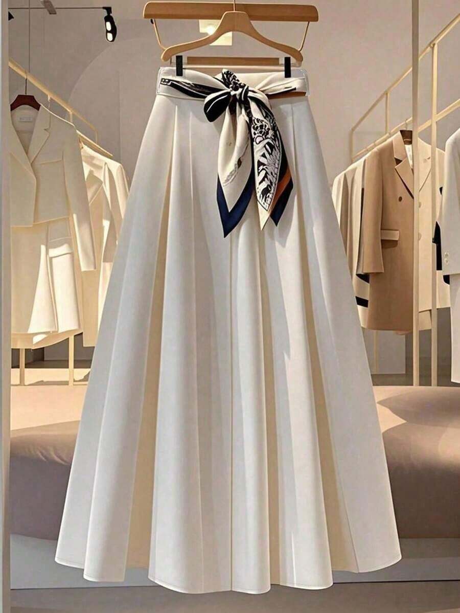 Nuevo cinturón de bufanda de seda larga y versátil, falda blanca de alta calidad para mujer, conjunto de ropa casual blanca para la universidad, ropa de primavera y otoño para mujer - Blanco - Ver 1