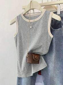 Top de camisola roja con ribetes contrastantes para mujer - Gris - Ver 7