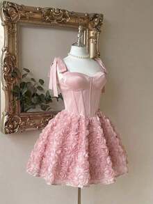 Elegante, romántico y de moda vestido de satén color café con hombros descubiertos y cola de sirena, con decoración floral 3D y volantes en el bajo, adecuado para fiestas de solteros, bodas, graduaciones, vacaciones, tardes de té y ocasiones formales - Rosa Pálido - Ver 6