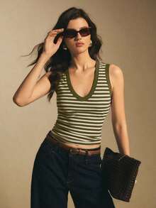 Camiseta de tirantes casual a rayas para mujer, de verano - Verde - Ver 8