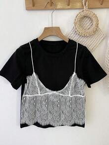 Camiseta casual de mujer de manga corta con cuello redondo de encaje en contraste para el verano - Negro - Ver 7