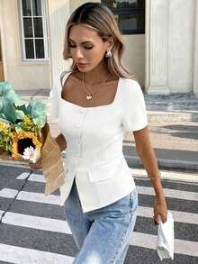 Camisa de unicolor sin mangas con cuello, top de estilo vintage retro para oficina - Blanco - Ver 5
