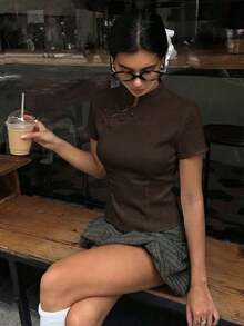 Blusa de cuello Mao de manga corta con cintura ceñida, estilo chino nuevo en color albaricoque, nuevo diseño de primavera/verano para mujer - Café integral - Ver 1