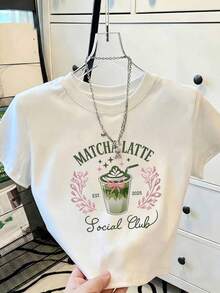 Women's Casual Matcha Latte Knit Social Club Graphic Drop Shoulder Short Sleeve Round Neck T-Shirt, Regular Length MDI8 - 白色 - 查看 2