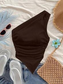 Blusa casual de unicolor con hombros oblicuos y ajustada, apropiada para el verano - Café integral - Ver 4