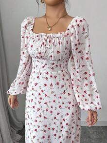 Vestido largo con cuello cuadrado, mangas farol y estampado floral para mujer - Albaricoque - Ver 4
