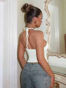 1 pieza Camiseta de mujer de unicolor con pliegues, escote halter y espalda descubierta, ropa de mujer para otoño y vuelta al colegio - Blanco 2 - Ver 2