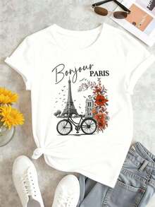 SimpieAndVersatileDesignCamiseta gráfica de la Torre Eiffel de París, primavera,, estampado llamativo, informal, transpirableCottonT-Shirt - Blanco - Ver 2