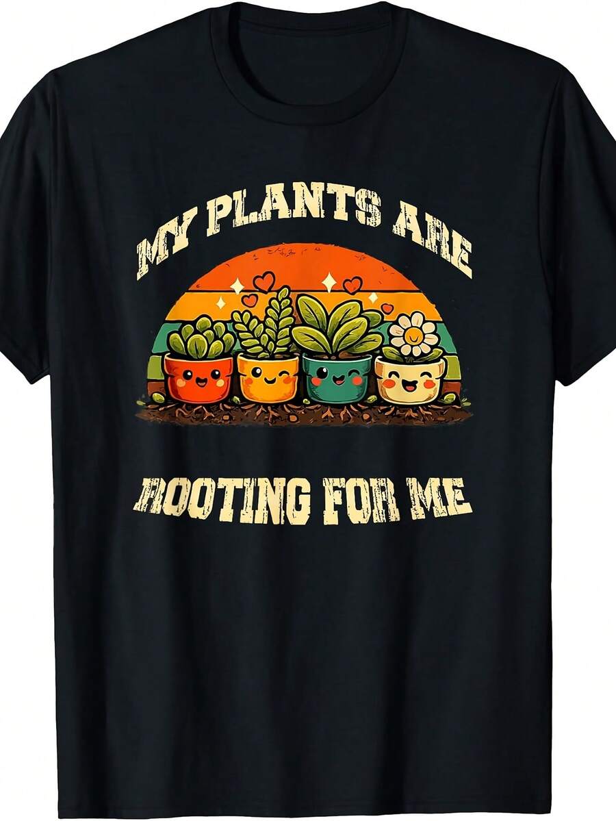 Fun T-Shirt For Plant Lovers, Unisex Men's Crew Neck T-Shirt With Vintage Plant Design, Suitable For All Seasons, Machine Washable, Ideal Gift For Gardening Enthusiasts And Indoor Plant Owners, Casual Wear, Domestic Shipping - 黑色 - 查看 1