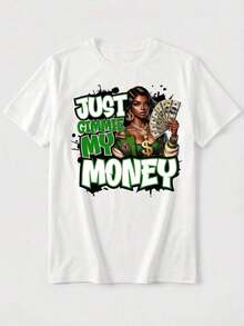 Elegant White Short Sleeve Crew Neck T-Shirt For Women, With 'Just Gimme My Money' Graphic Print, Casual Regular Fit, Polyester Top - 白色的 - 查看 1