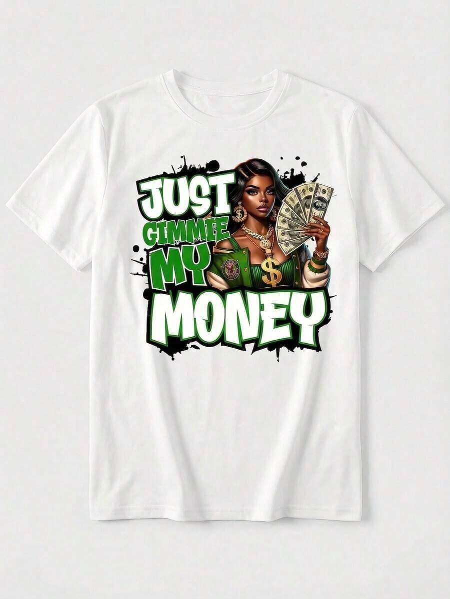 Elegant White Short Sleeve Crew Neck T-Shirt For Women, With 'Just Gimme My Money' Graphic Print, Casual Regular Fit, Polyester Top - 白色的 - 查看 1
