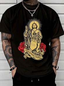 Figura de  Tadeo con halo dorado manos en oración y rosas rojas símbolo de fe esperanza y protección camiseta de hombre 100% algodón 220g - Negro - Ver 5