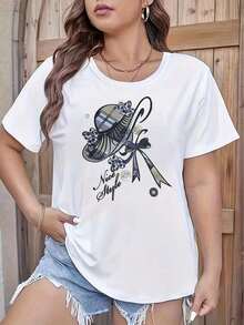 Camisa con Estampado de Nudo de Mariposa, Blusa Casual de Manga Corta con Cuello Redondo para Mujer - Blanco - Ver 7
