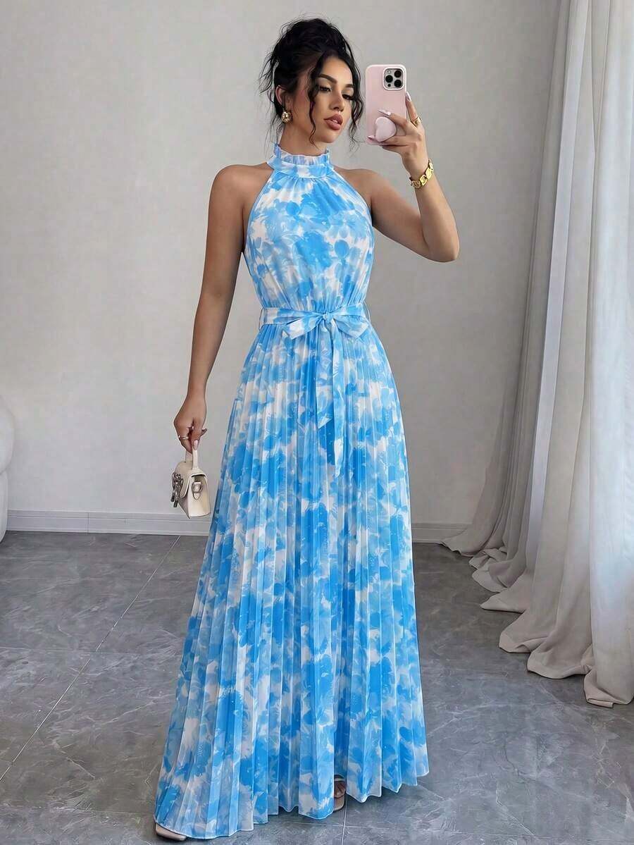 Vestido elegante y romántico con estampado floral, corte evasé y escote halter sin mangas para mujer - Multicolor 4 - Ver 1