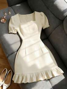 Vestido de mujer con cuello de perlas, manga corta, cuello cuadrado, casual, silueta esbelta tipo A, elegante, unicolor, adecuado para banquetes, fiestas de cumpleaños, uso en verano y otoño, diario, oficina, calle, azul marino - Albaricoque - Ver 9