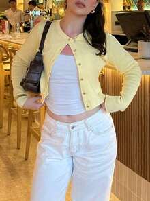 Nuevo cárdigan de punto para mujer de primavera/verano, estilo minimalista casual, cuello redondo de manga larga, diseño de botones de seta, cárdigan abierto amarillo, adecuado para uso casual diario, ir al trabajo, salir, citas de vacaciones - Amarillo - Ver 3