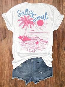 100% Cotton Women's T-Shirts 2026 With Letter And Beach Print, Round Neck T-Shirt, Casual Short Sleeve Top For Vacation, Korean Style Women's Clothing - White - View 3