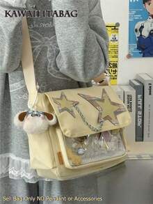 Túi Ita Kawaii bằng nylon, túi đeo chéo có cửa sổ trong suốt, túi Ita tự làm có ngăn trưng bày huy hiệu bằng PVC trong suốt, túi đeo vai họa tiết kẻ caro dễ thương với ngôi sao và chi tiết dây xích, túi trưng bày huy hiệu anime cho nữ sinh, túi đi học hàng ngày, túi xách dành cho người hâm mộ concert. - Màu vàng - Xem 4
